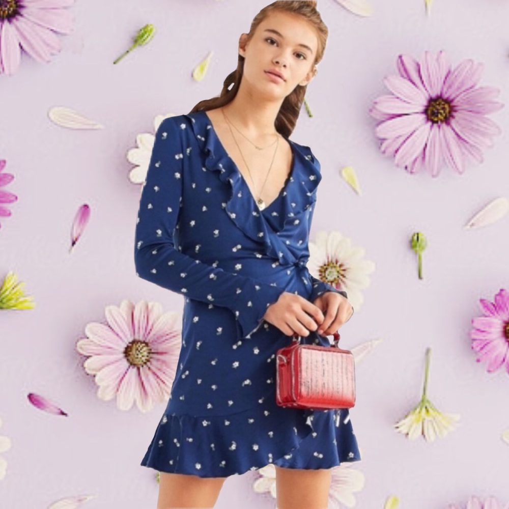 Long Sleeve Floral Ruffle Wrap Dress